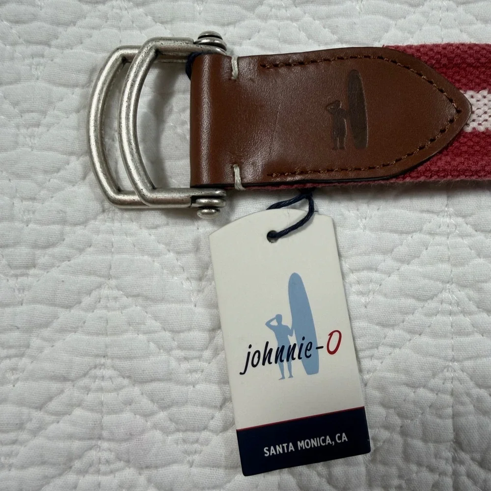 Johnnie-O Mens Striped D-Ring Belt Malibu Red White Canvas Leather Size S NEW‎
